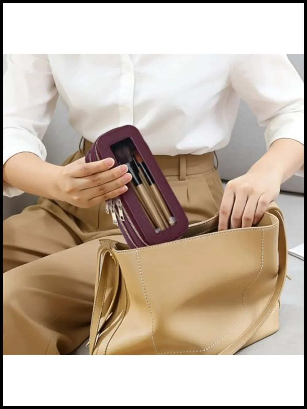 Double Layer Makeup Bag with Clear Windows, Waterproof Faux Leather Cosmetic &
